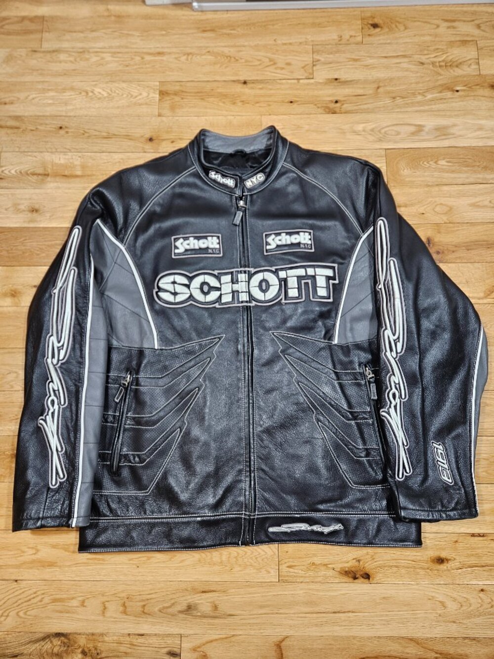 Schott NYC 1913 Leather Lined Biker Motorcycle Racing Moto Jacket Black Grey XL